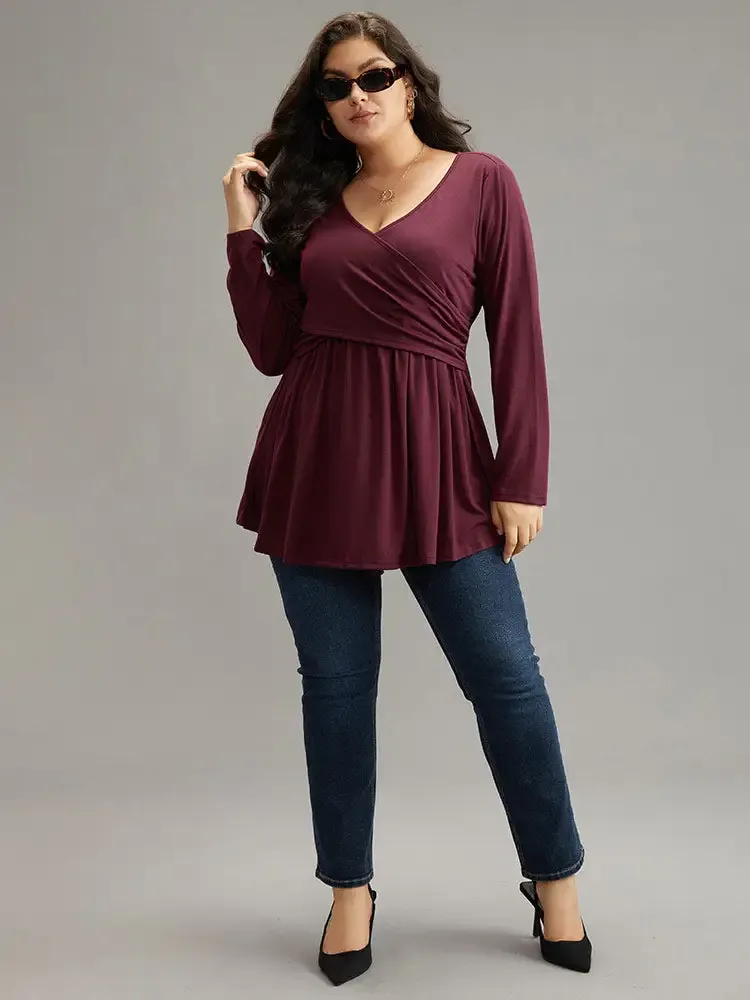 Solid Crossover V Neck Ruffle Hem T-Shirt