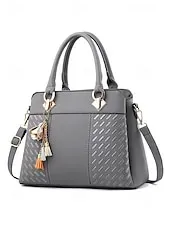 Women's Faux Leather Handbag with Tassel Charm and Textured Panels – Elegant Structured Shoulder Tote Bag for Office Work and Business Travel