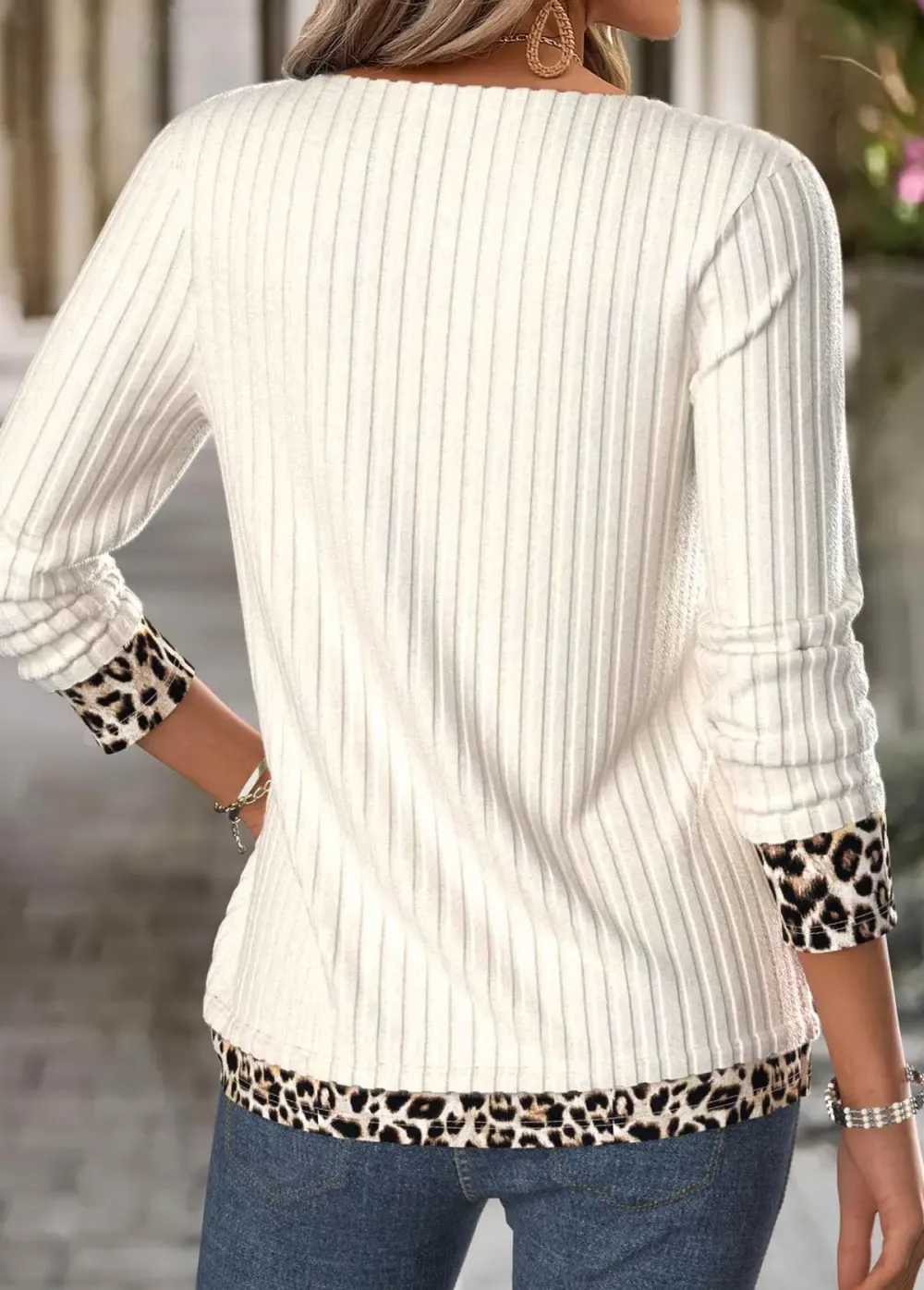 Beige Leopard Long Sleeve V Neck T Shirt