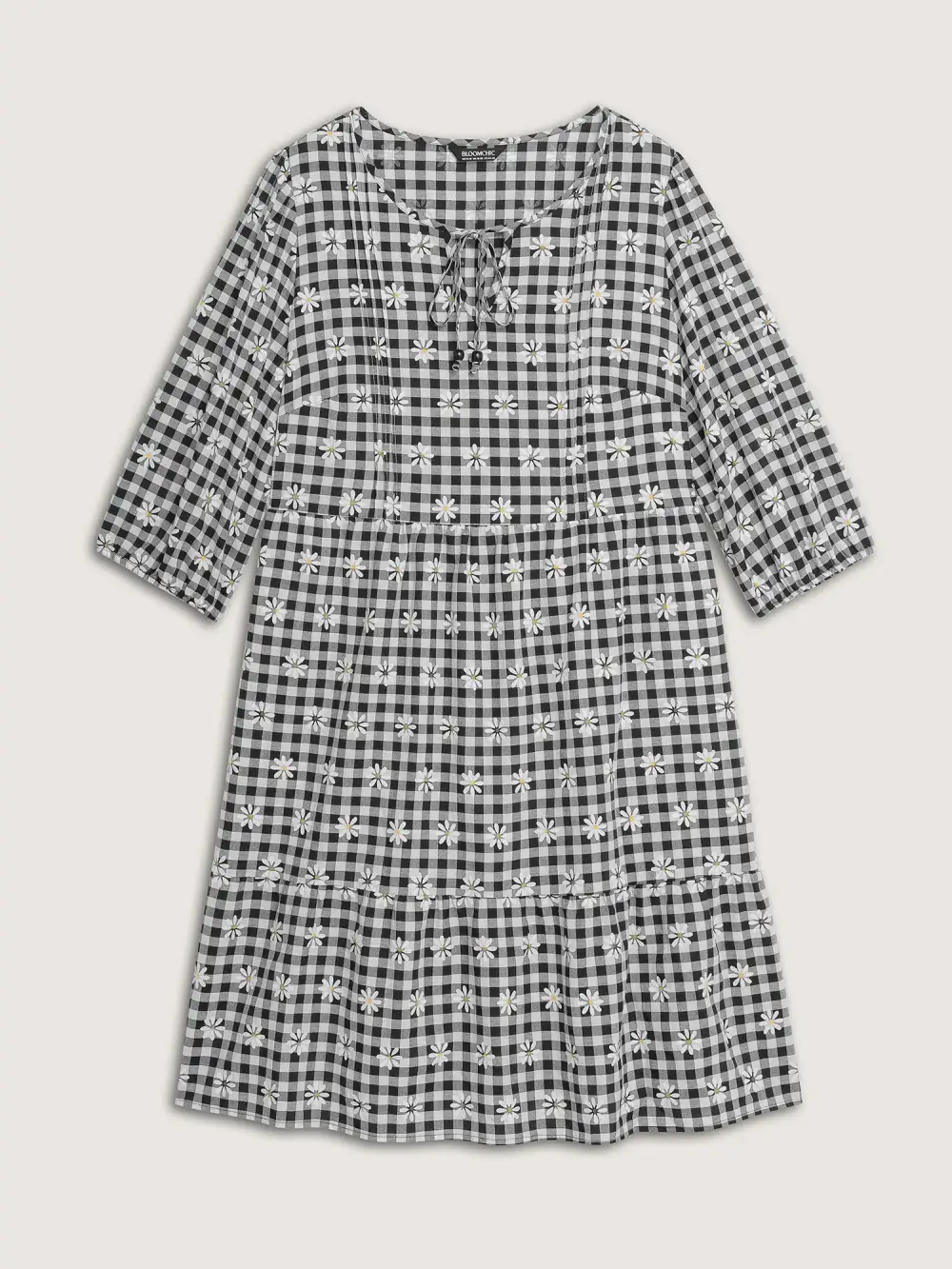 Plaid Floral High-Waist Midi Dress