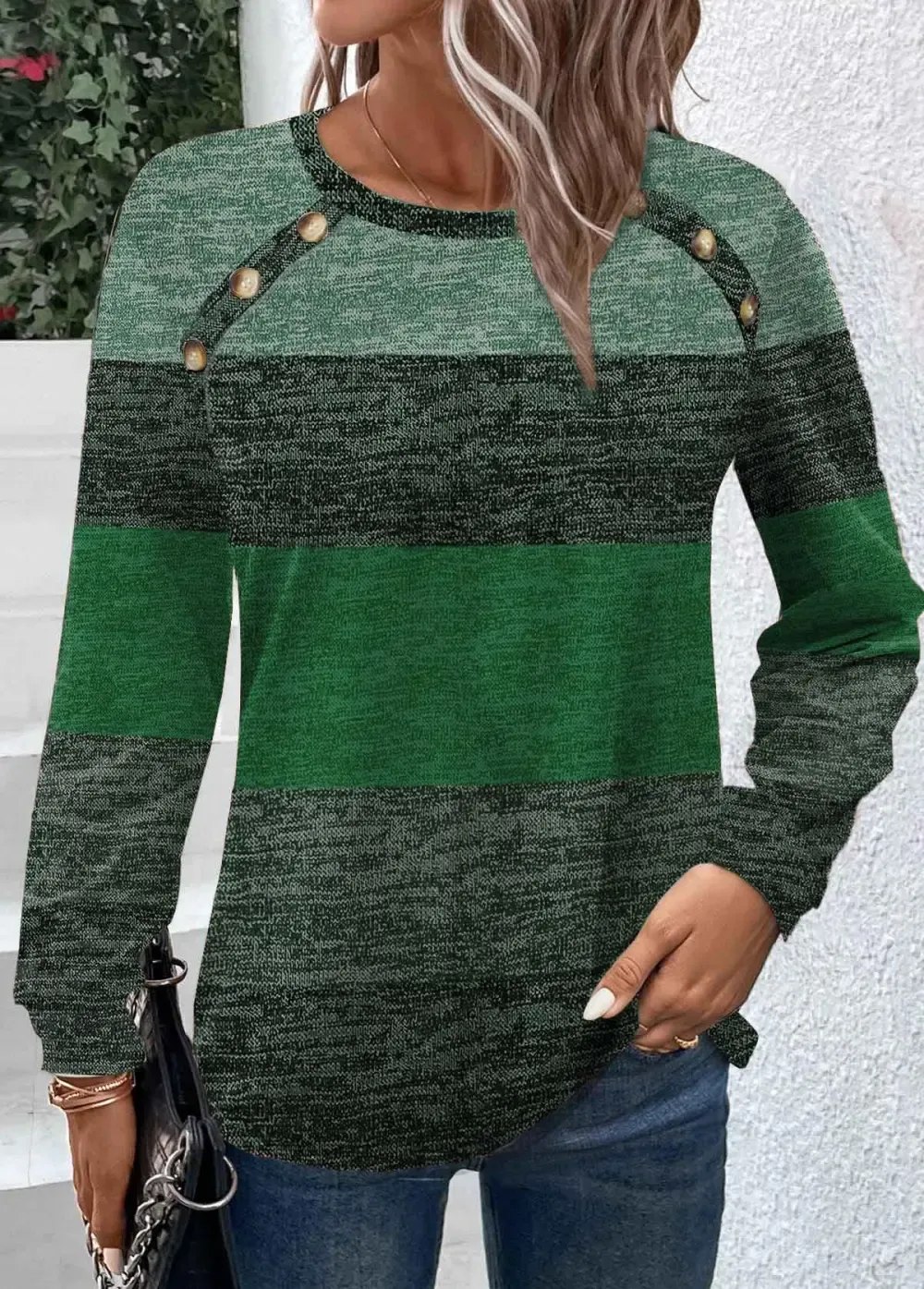 Green Button Long Sleeve Round Neck T Shirt