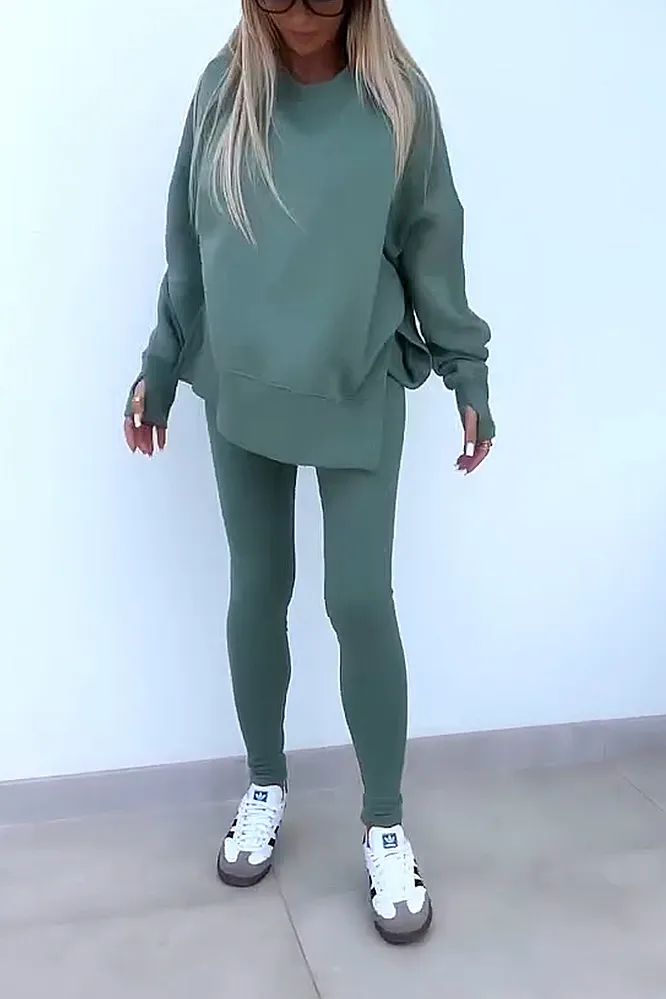 Women's solid color round neck top and pants two-piece set