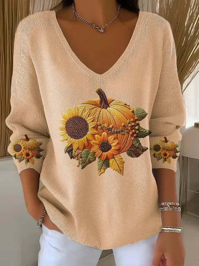 Women's Casual Pumpkin Floral Long Sleeve T-Shirt