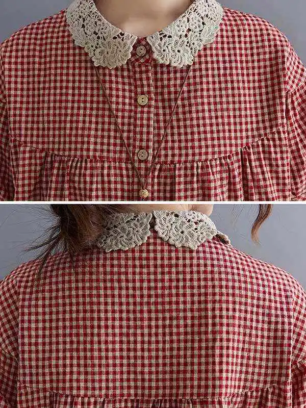 Cotton Blend Plaid Polo Puff Sleeve T-Shirts Tops