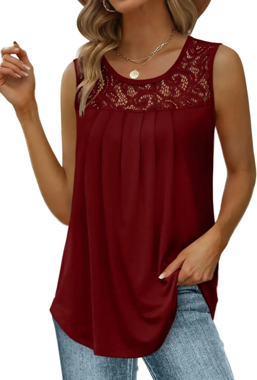 ✨Women's Loose Fit Pleated Scoop Neck Sleeveless Lace Tank Tops