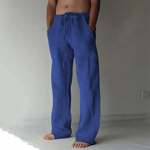 Men's Linen Pants Trousers Summer Pants Baggy Beach Pants Drawstring Front Pocket Straight Leg Plain Comfort Soft Full Length Yoga Holiday Beach Fashion Hawaiian Black White