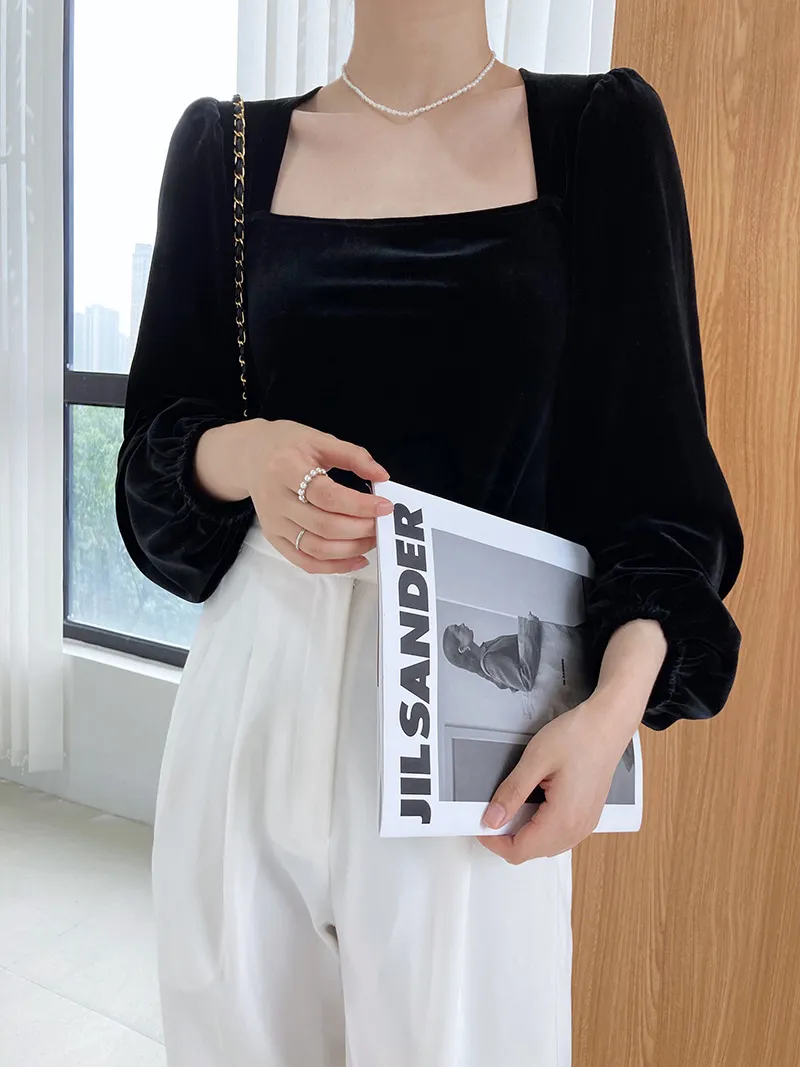 Black Velvet Square Collar Bubble Sleeve Blouse