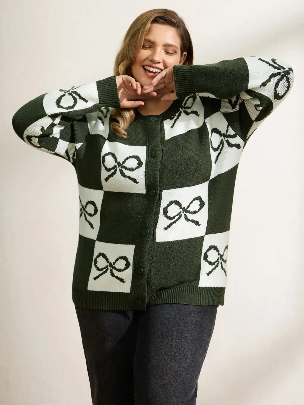 Checkered Bowknot Contrast Knit Cardigan
