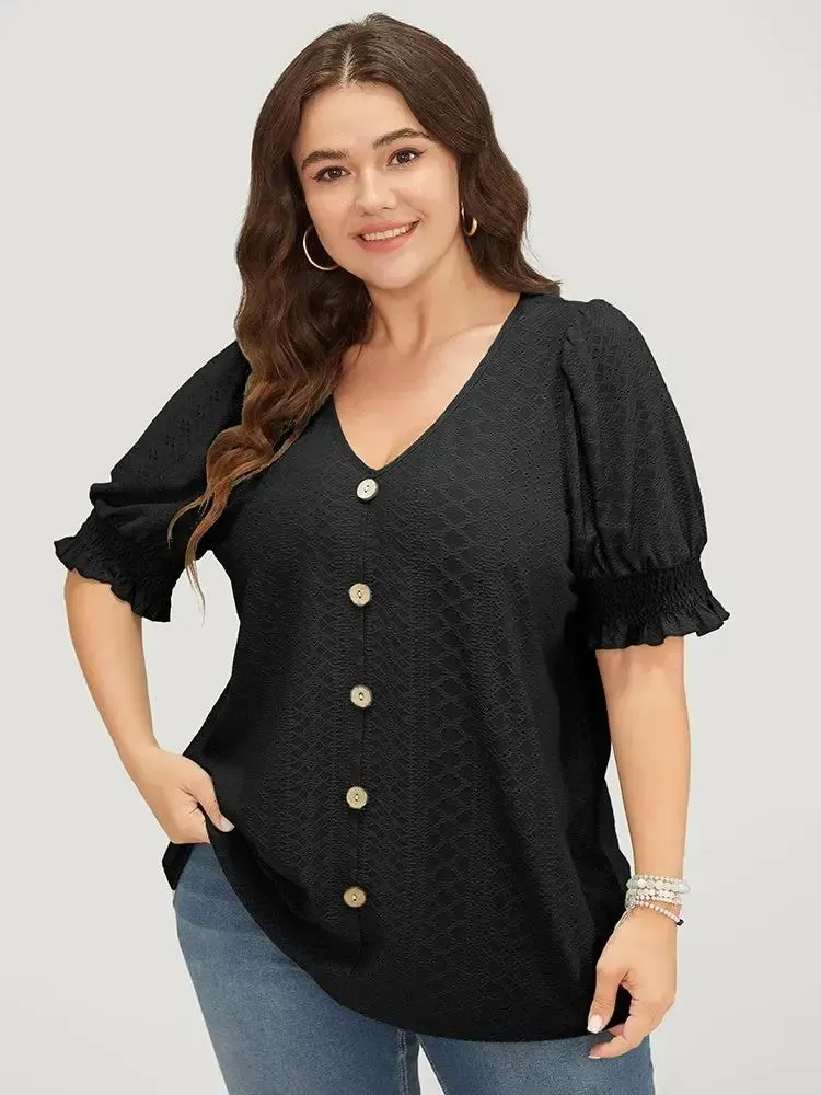 Plain Broderie Anglaise Shirred Puff Sleeve Button Detail T-shirt