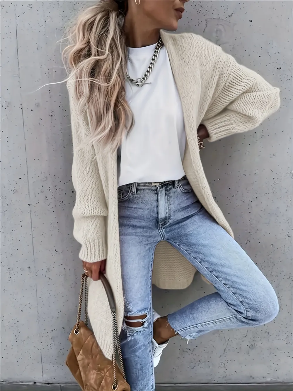 Stylish Solid Color Long Sleeve Mid-Length Open Front Cardigan - Women's Elegant Cardigans for Spring & Fall