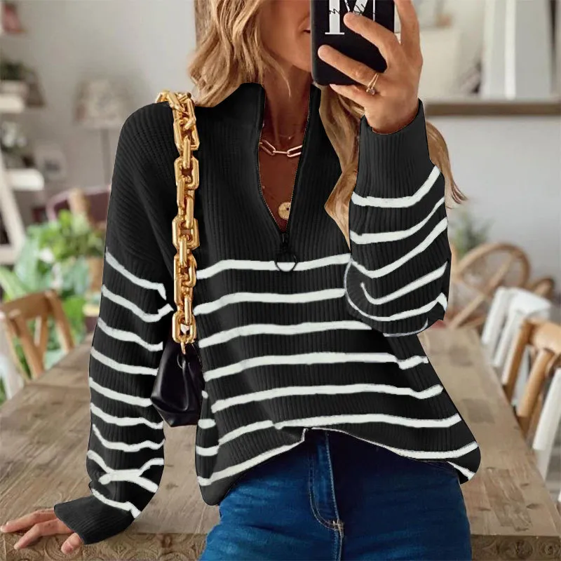 Retro Striped Color Block Zip Collar Long Sleeve Sweater