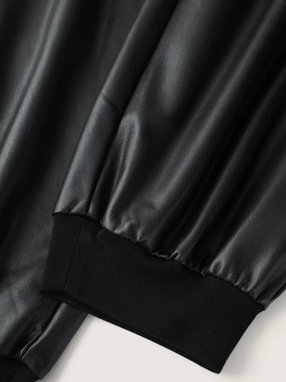 Ribbed Trim Spliced Leather Drawstring Pants