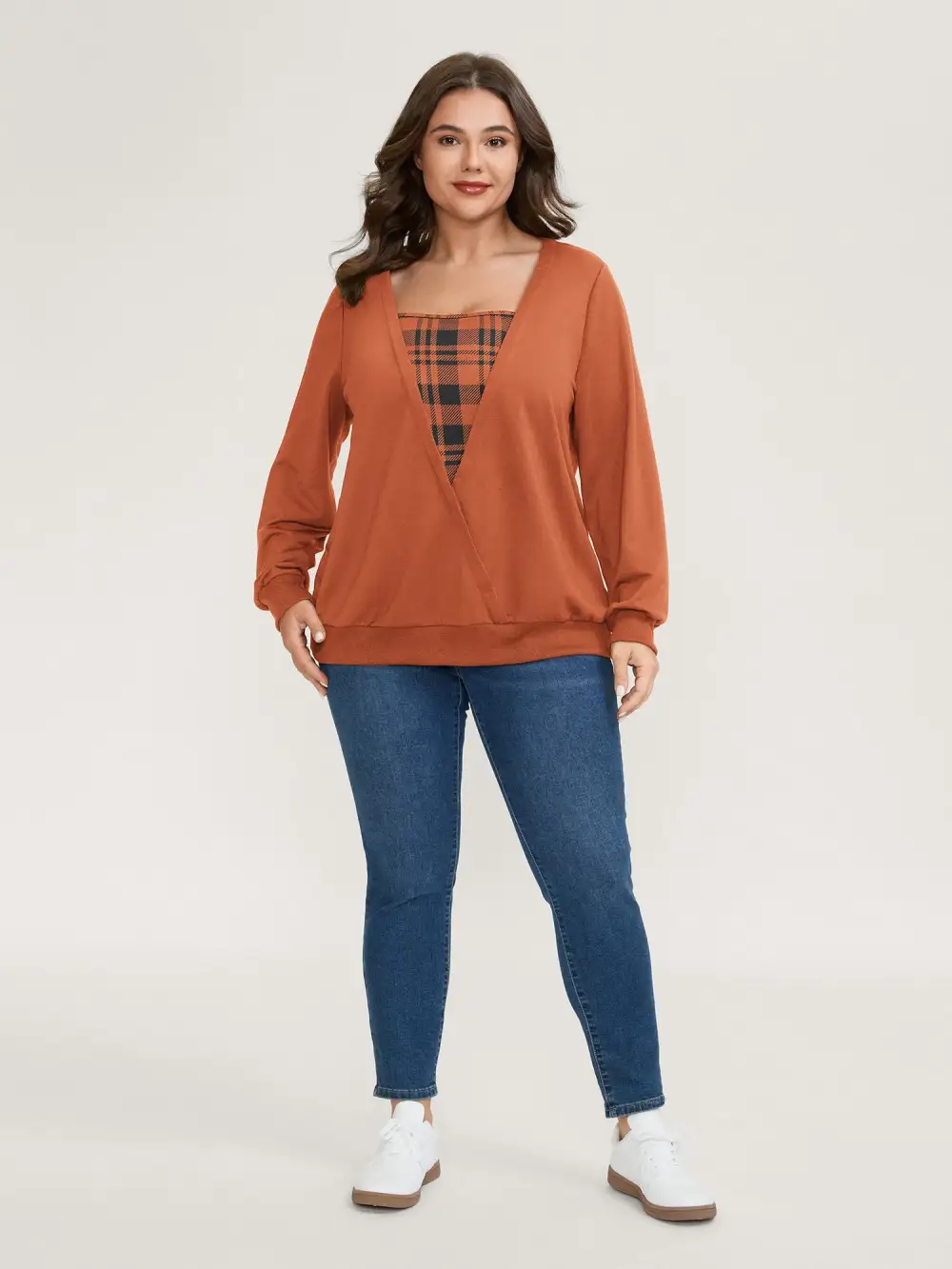 Plaid Spliced Wrap Contrast Sweatshirt