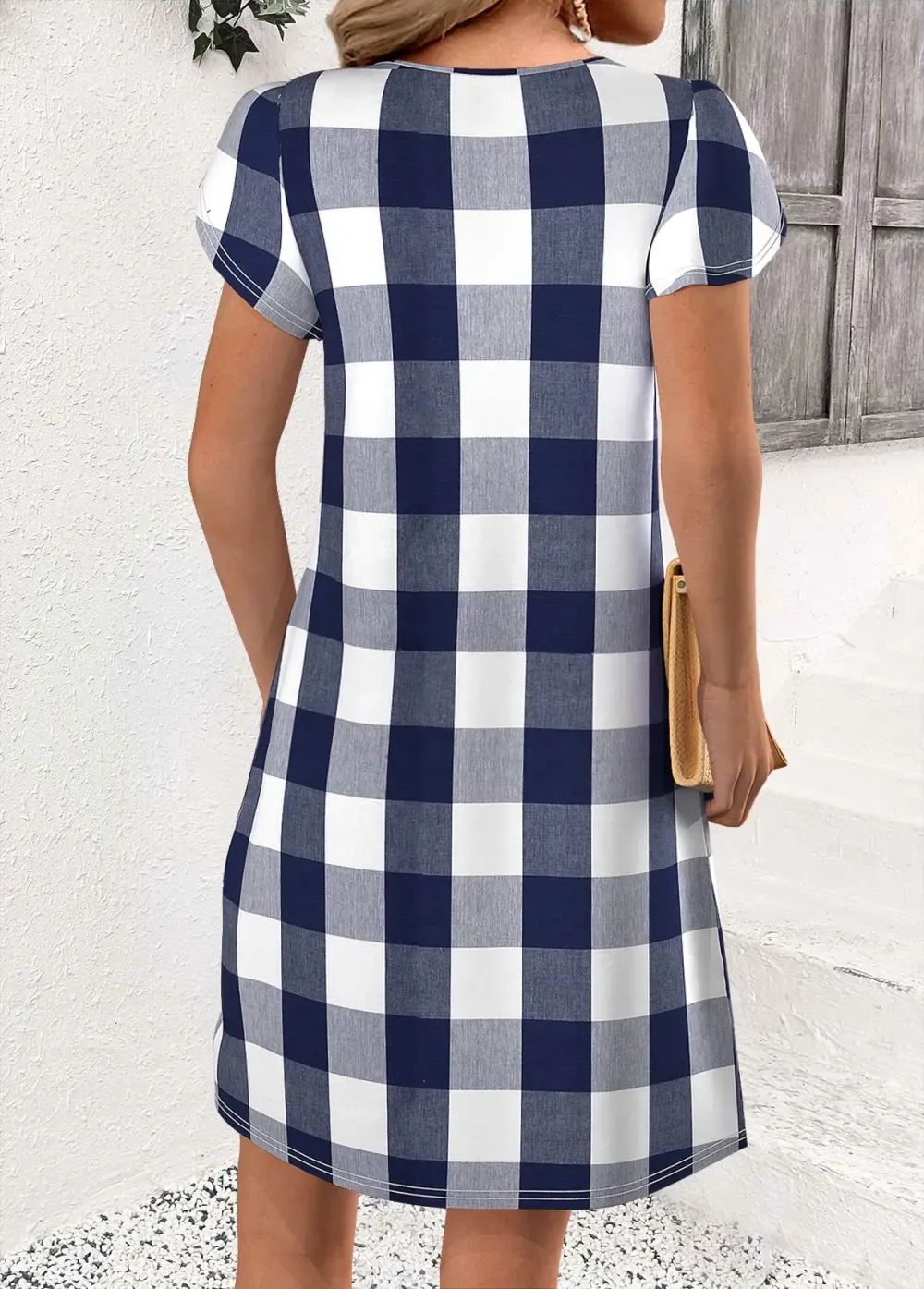 Blue Plaid Short Split Neck Dress