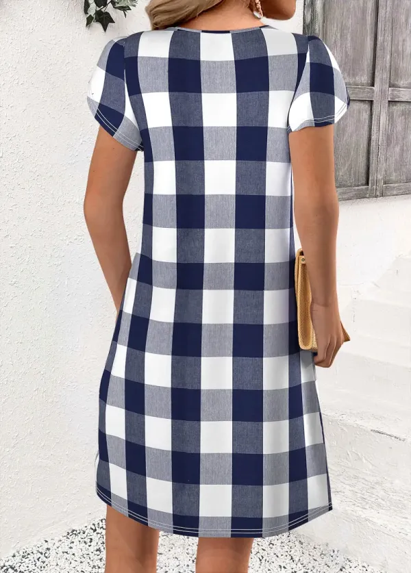 Blue Plaid Short Split Neck Dress