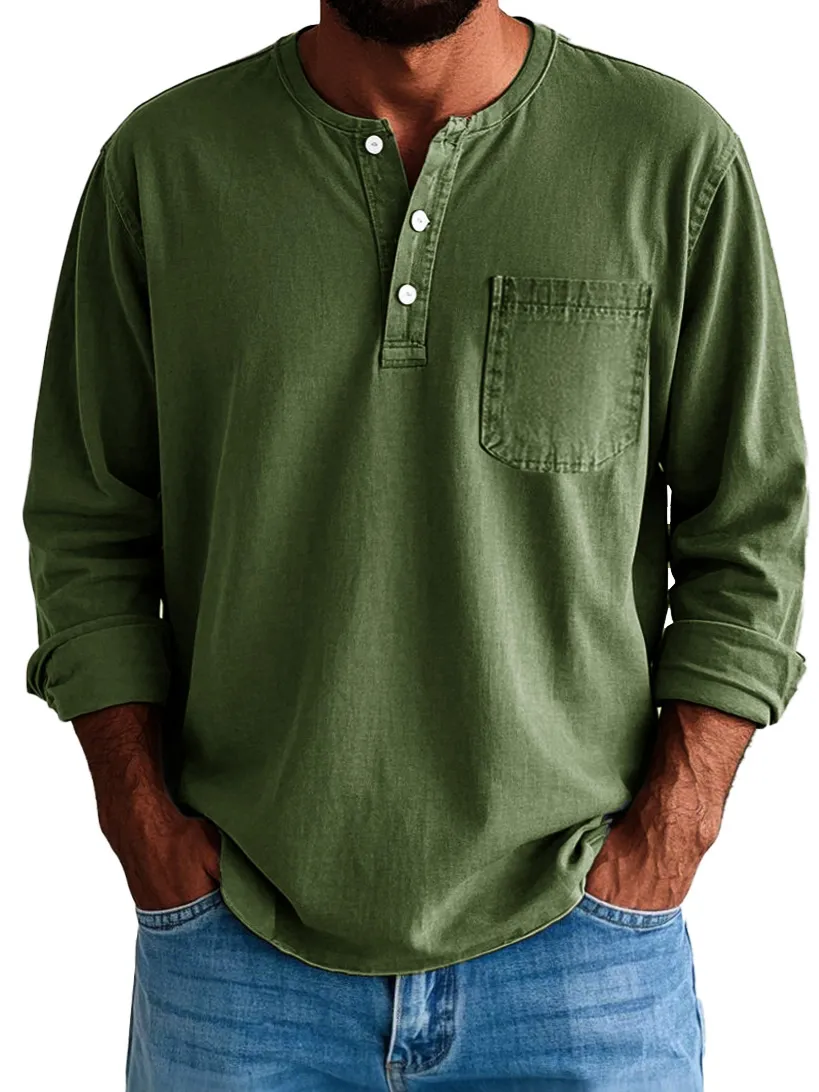 Men's Fashion Vintage Washed Cotton Long Sleeve Pocket Henley Shirt