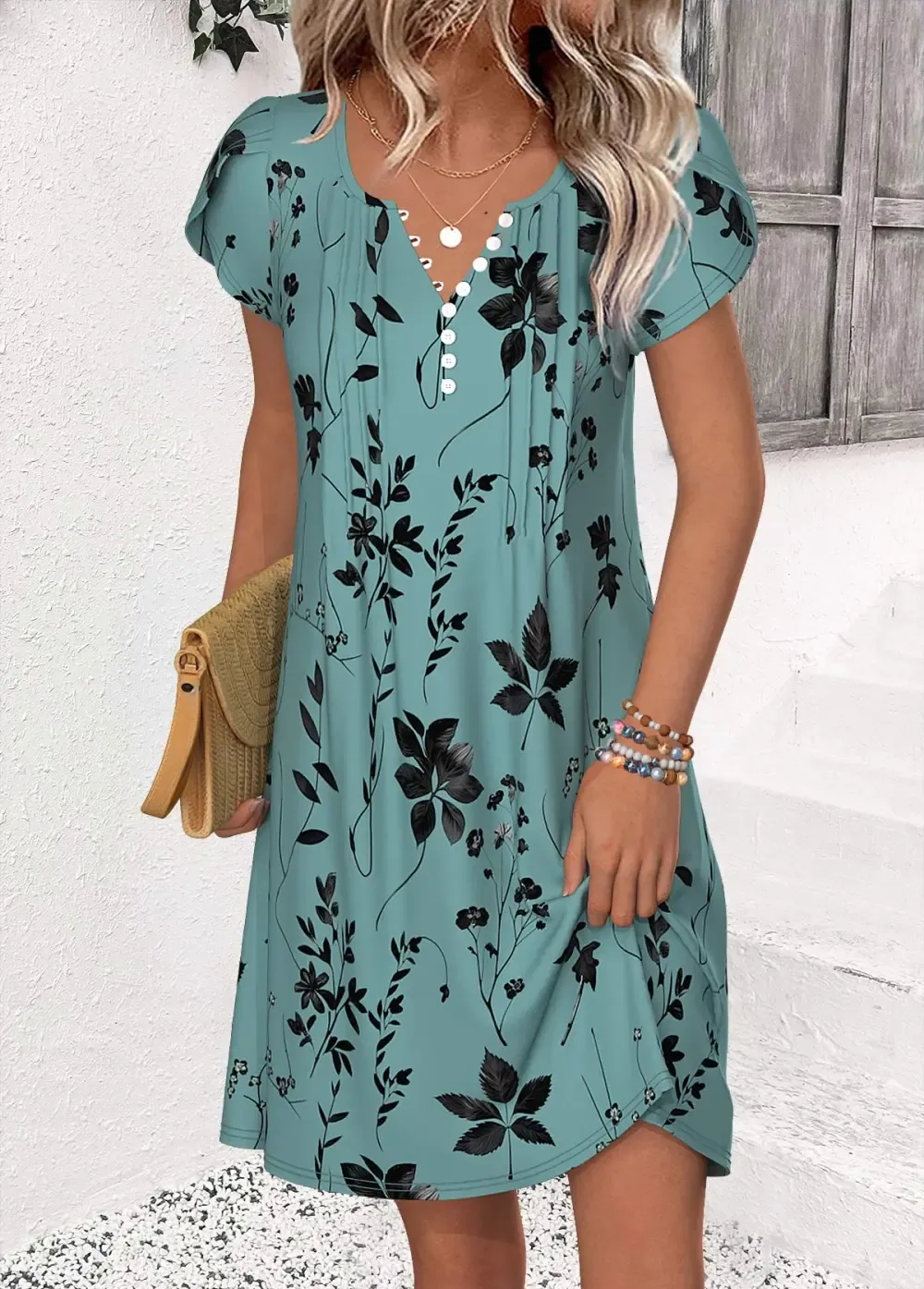 Turquoise Leaf Print Short Split Neck Dress