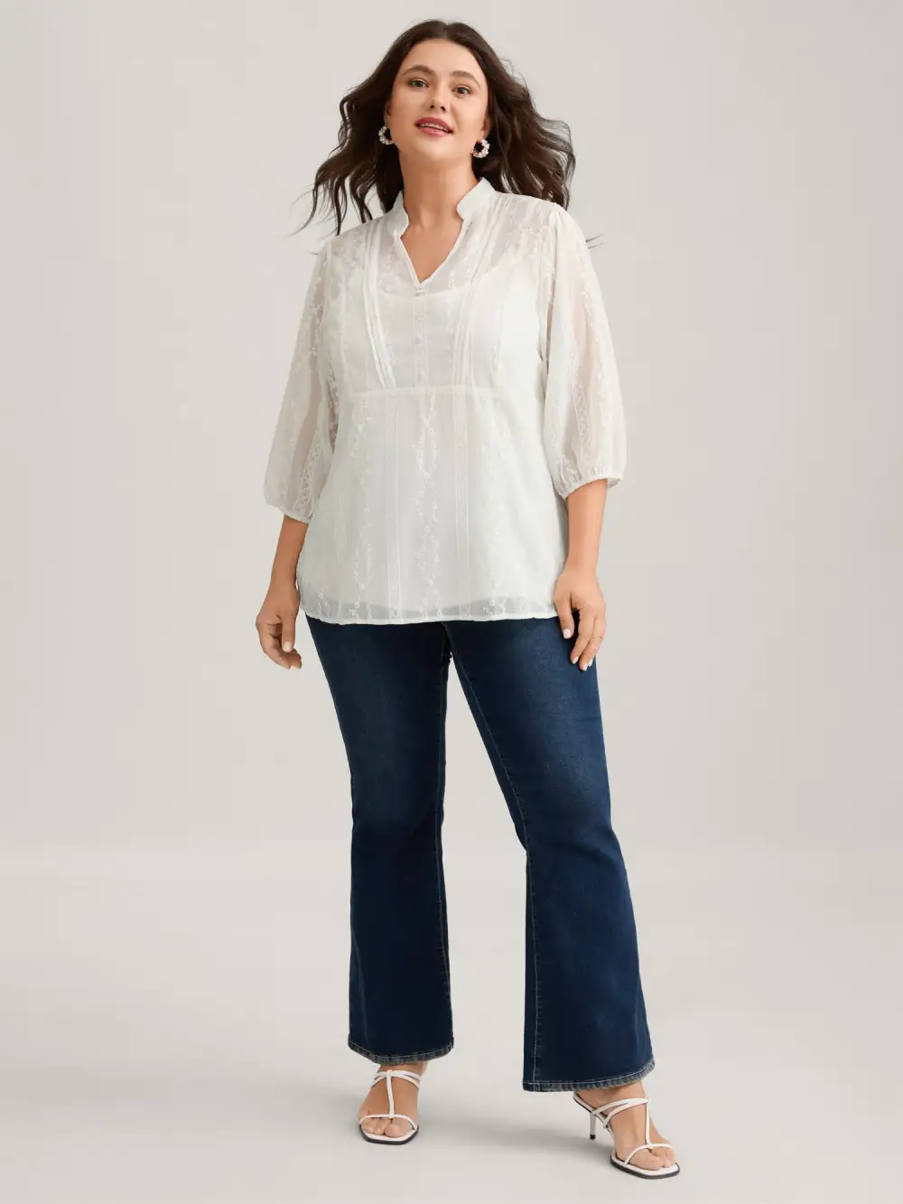 Texture Mesh Button Detail Tucked Seam Blouse