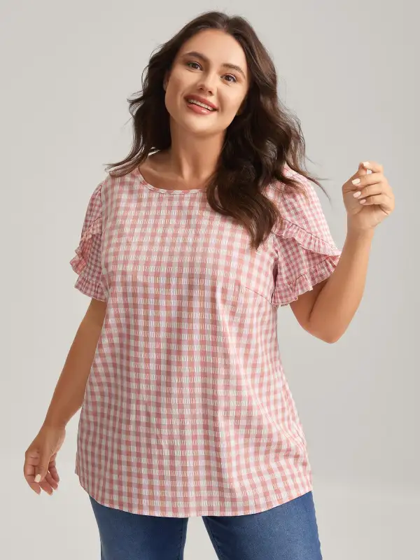 Sweet Gingham Wrinkled Petal Sleeve Blouse