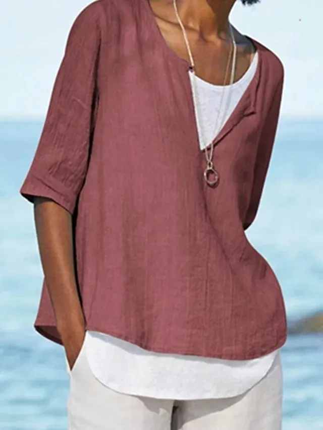 Women's Shirt Blouse Plain Black White Pink Half Sleeve Holiday Casual Beach V Neck Regular Fit