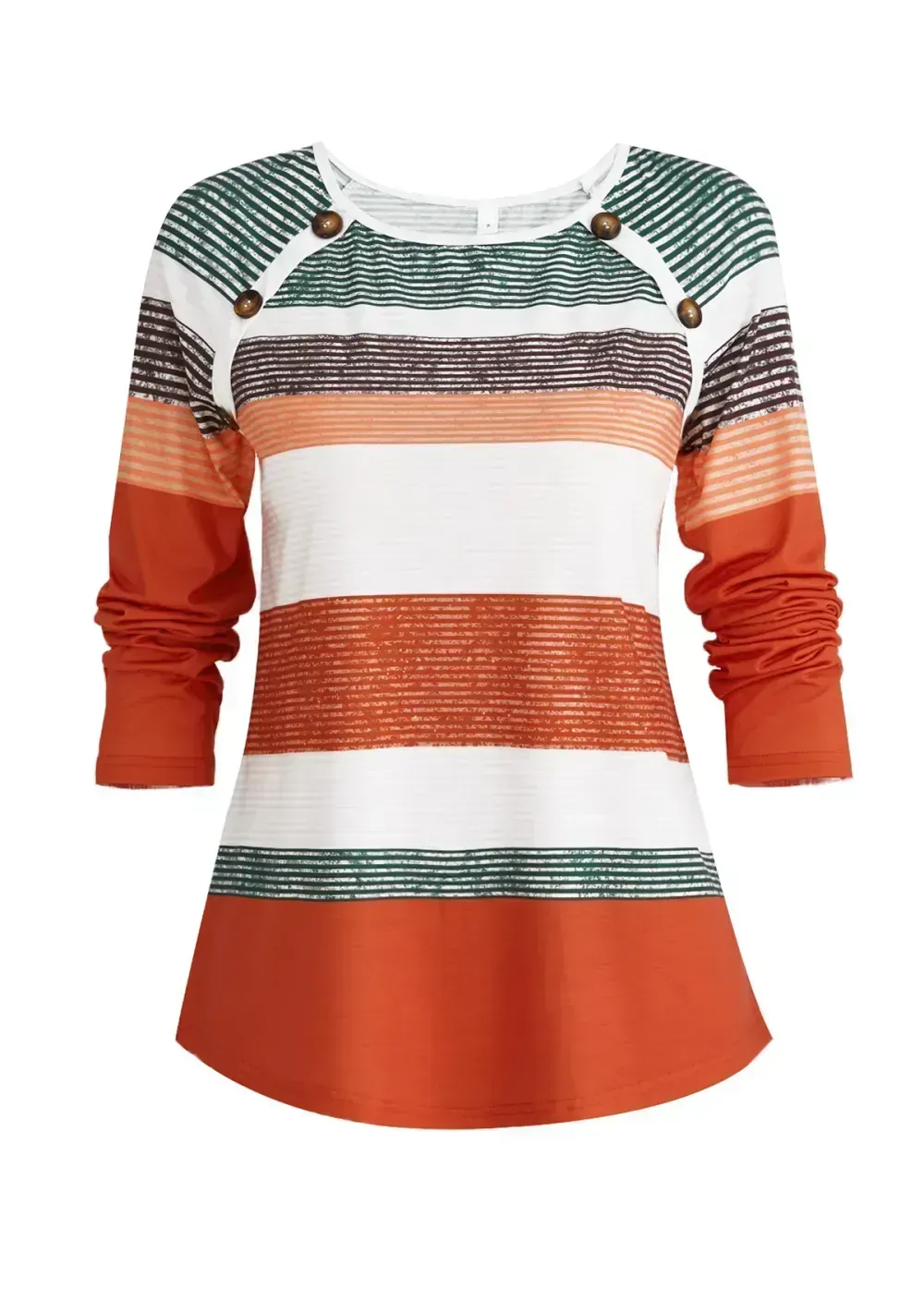 Orange Button Multi Stripe Print T Shirt