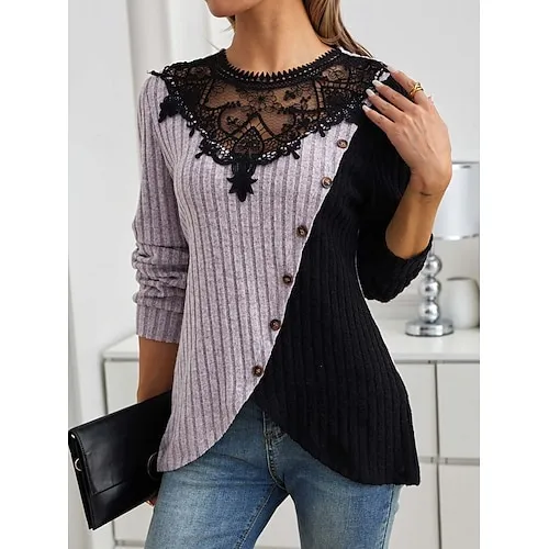 Women's Blouse Textured Ribbed Solid Color Eyelet Daily Elegant Stylish Puff Sleeve Long Sleeve