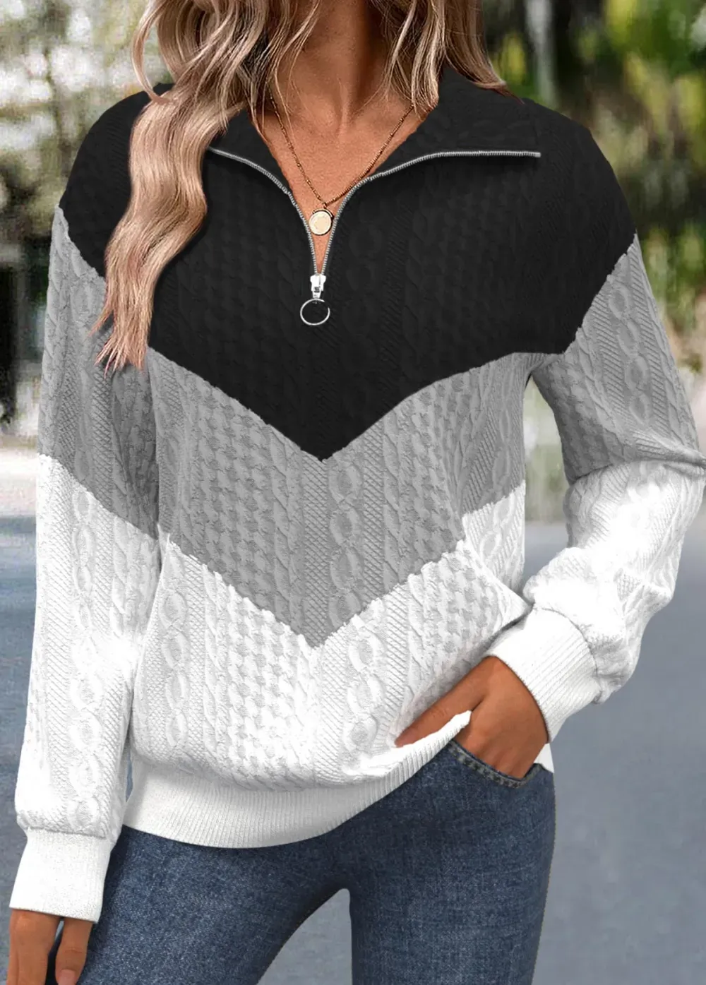 Black Jacquard Long Sleeve Turn Down Collar Sweatshirt