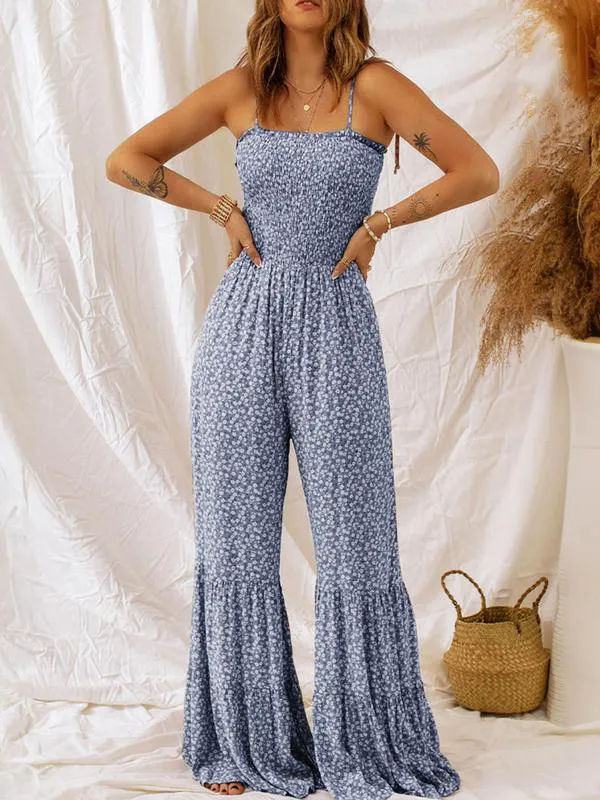 Women's Boho Floral Tie-Shoulder Wide-Leg Jumpsuit