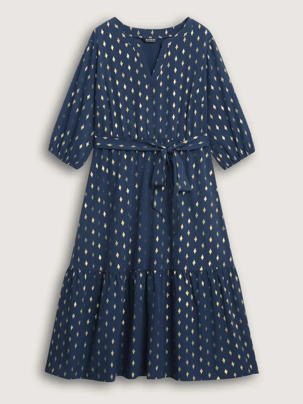 Glitter Notched Lantern Sleeve Midi Dress