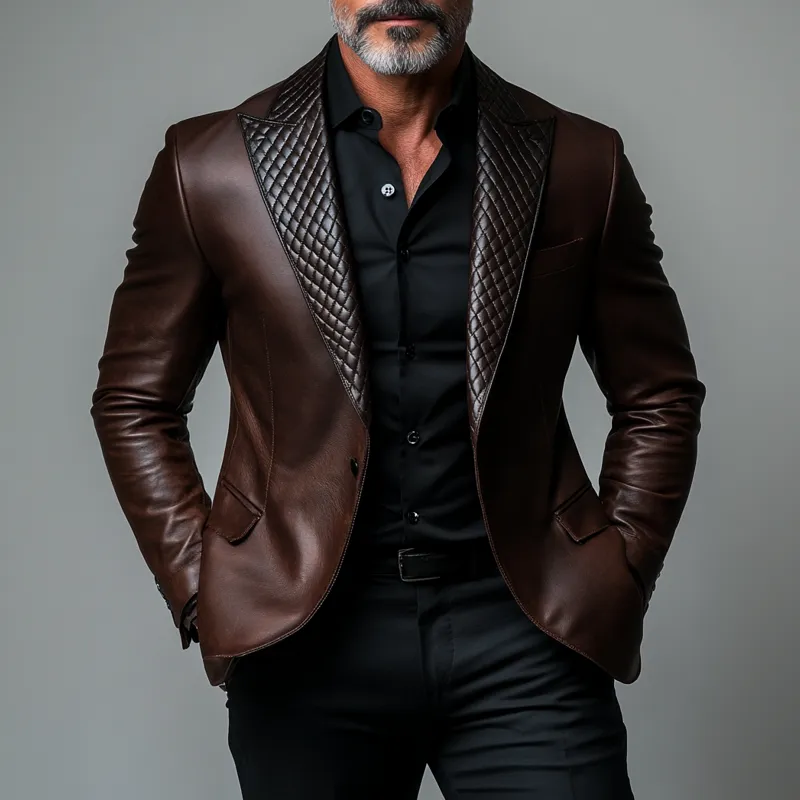 Men's Business Quilted Peak Lapel One Button Long Sleeve PU Leather Blazer