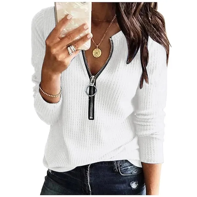 Blouse Women's Olive Green Denim Blue Black Solid / Plain Color Zip Up Daily Basic S