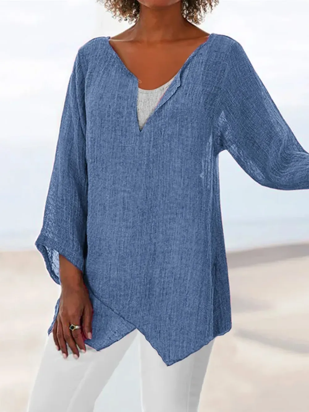 V Neck Asymmetric Solid Causal Tunic Tops