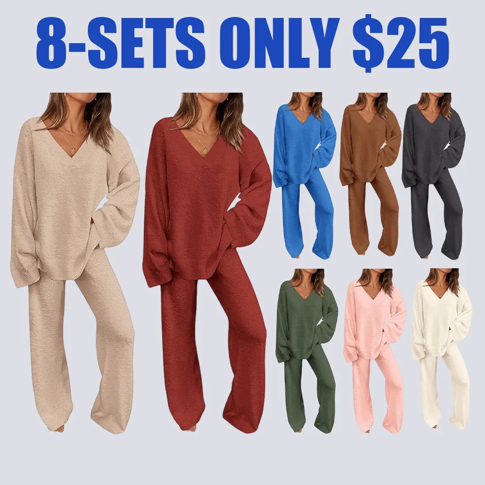 Women's 2-Piece Lounge Set – V Neck Top & Wide Leg Pants