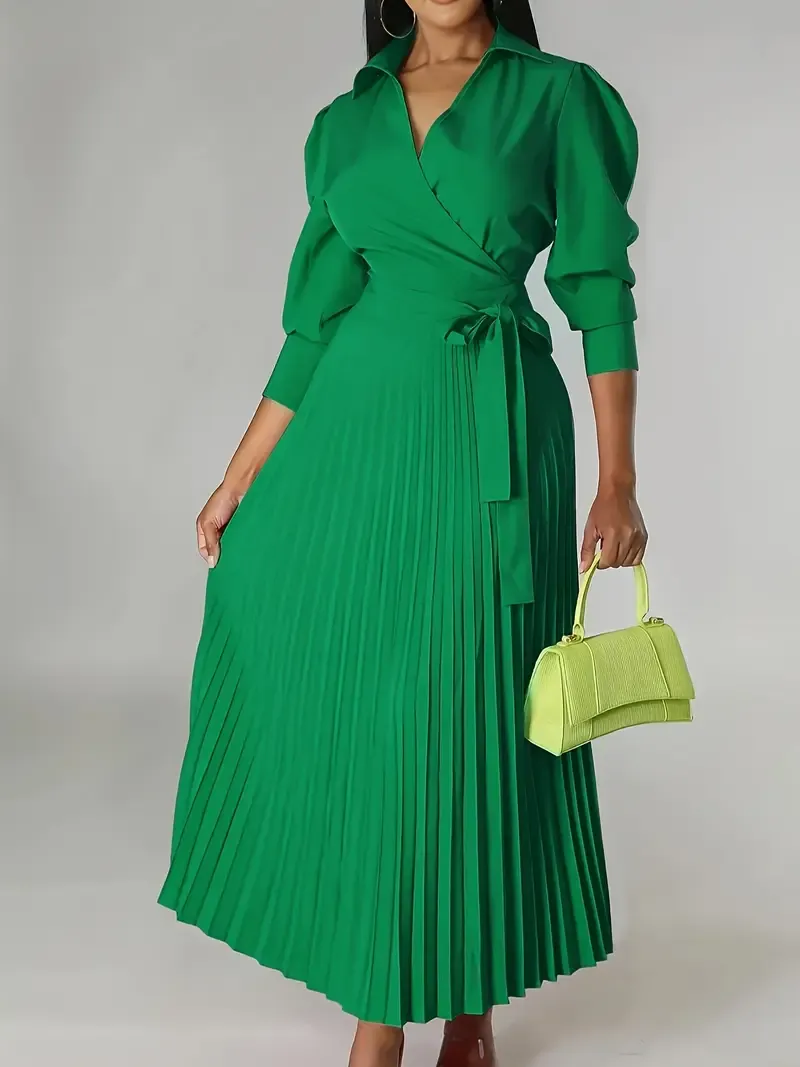 Elegant 3/4 Sleeve Solid Pleated Dress