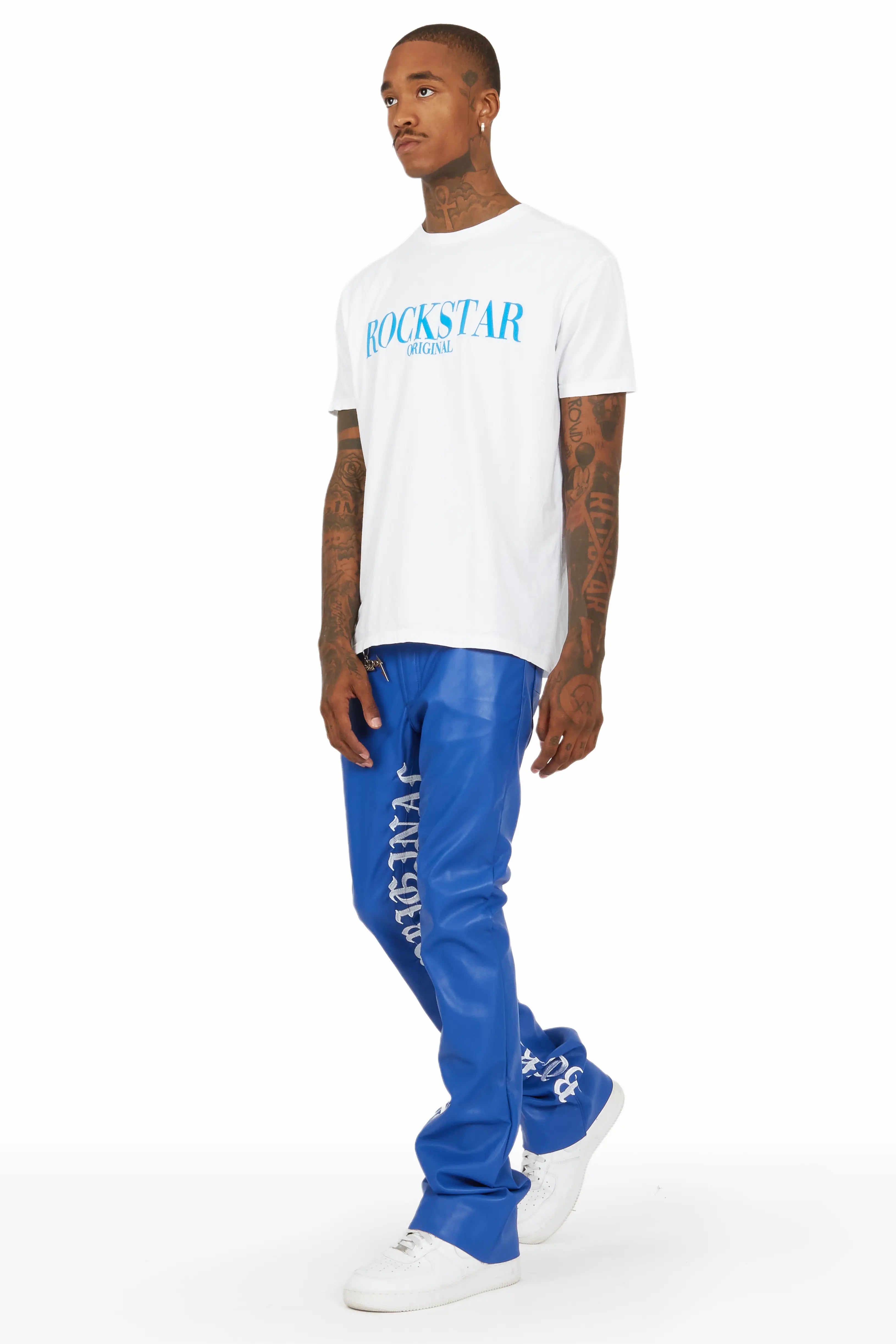 Eliam Blue/White Faux Leather Stacked Flare Jean