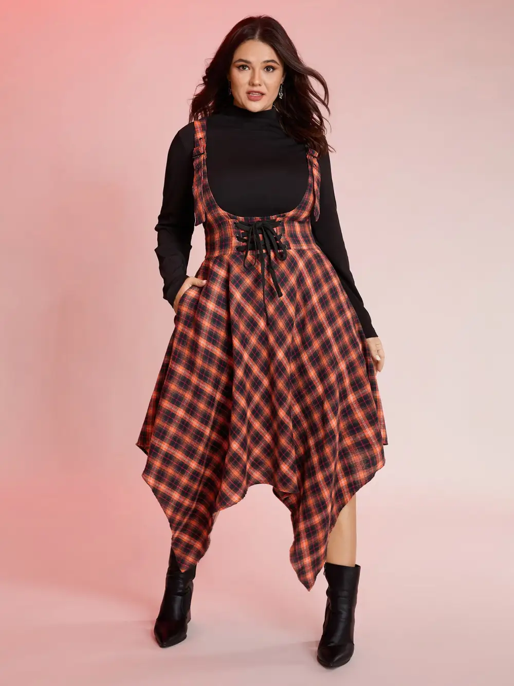 Plaid Handkerchief-Hem Adjustable Midi Skirt