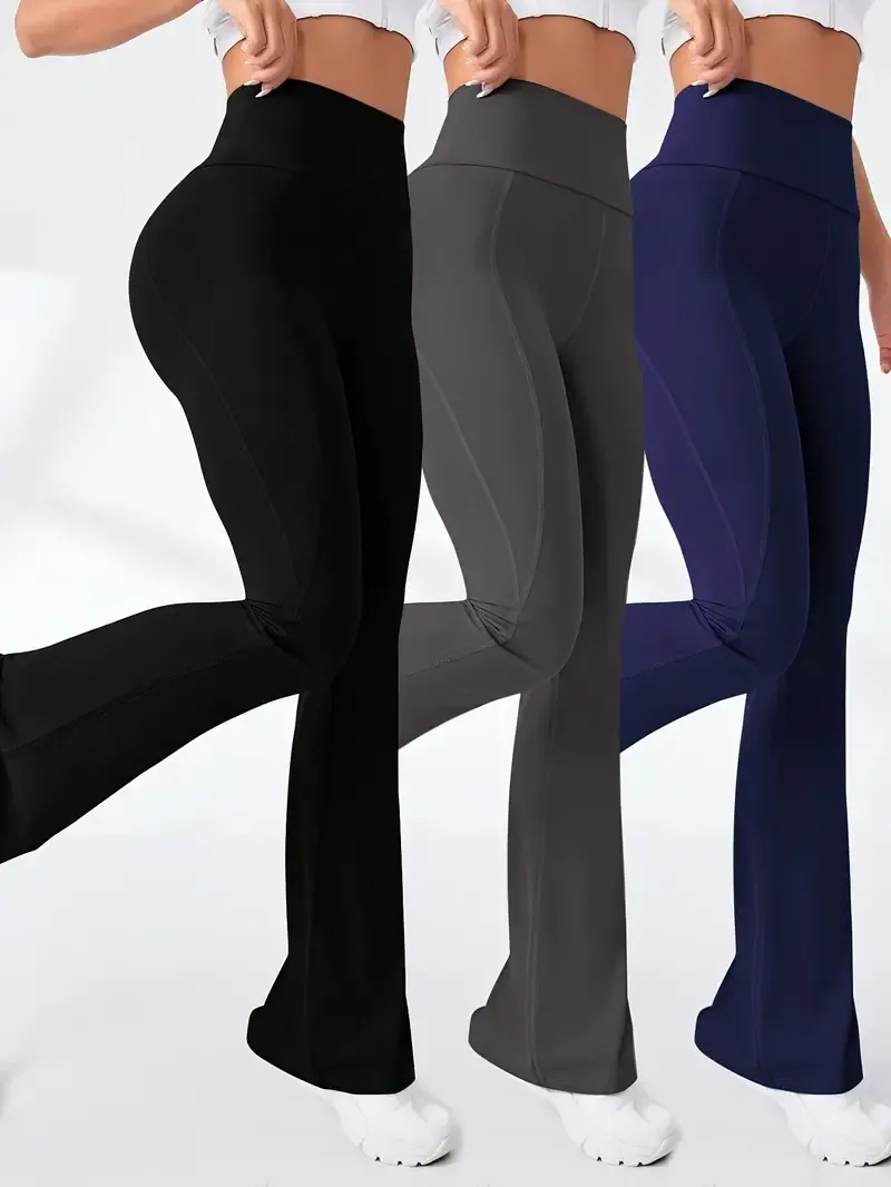 Buy 2 Get 1 Free, total of 3 Pack Elegant High Waist Flare Leg Pants - Soft Mid-Elasticity Polyester Fabric, Machine Washable, Solid Color, Casual Style for Spring & Summer