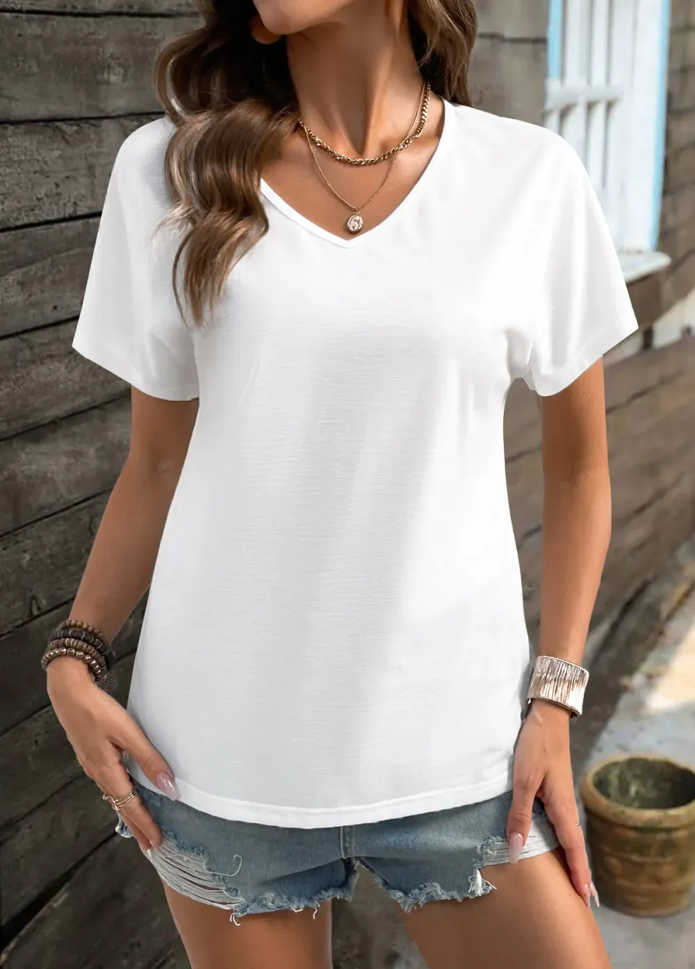 White Short Sleeve V Neck T Shirt