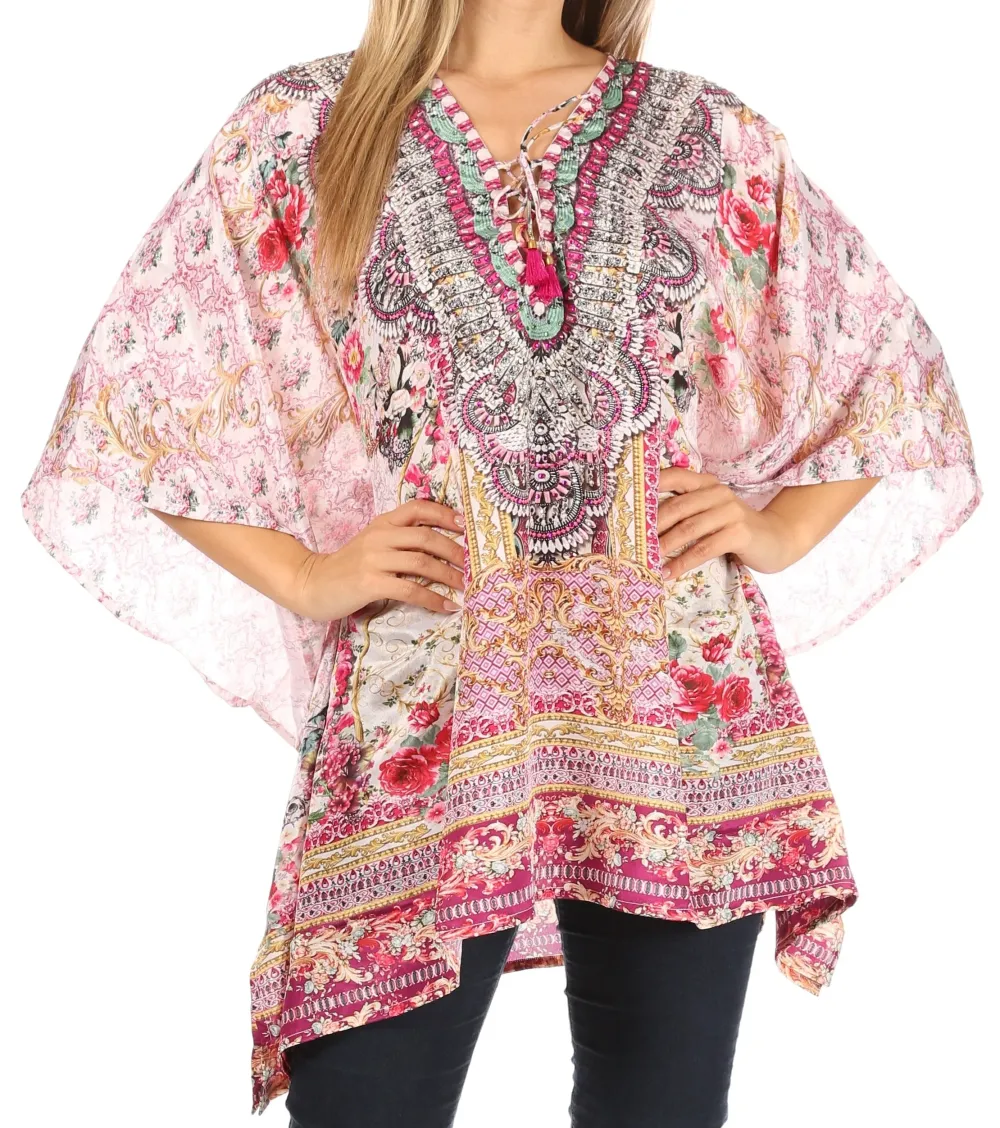 Women's Caftan Poncho Cover up V neck Top Lace up With Rhinestone