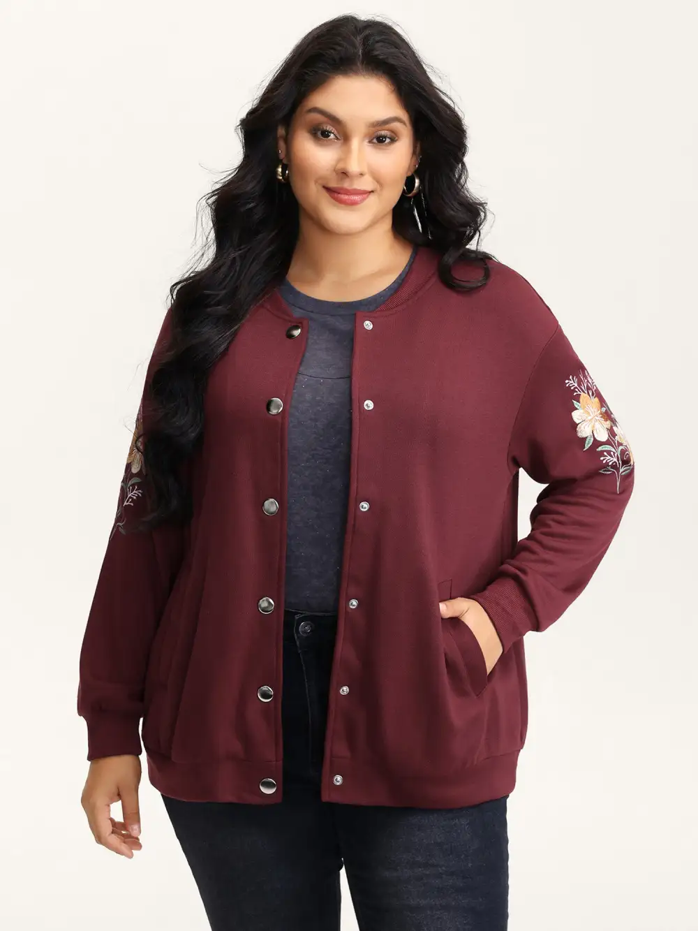 Embroidered Sleeve Button-Down Jacket