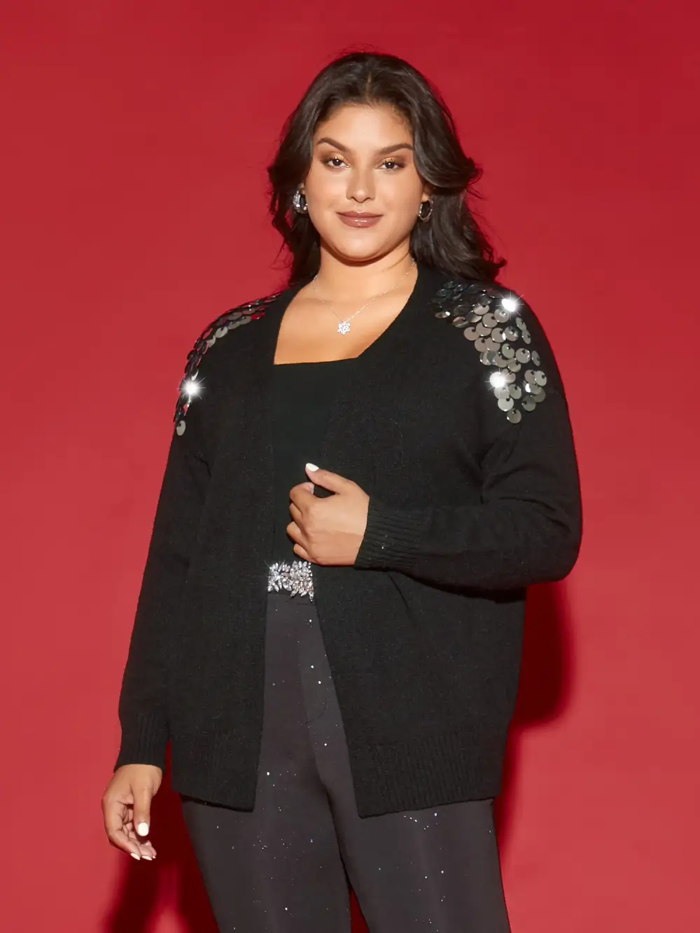 Supersoft Essentials Silver Sequins Shoulder Open Cardigan