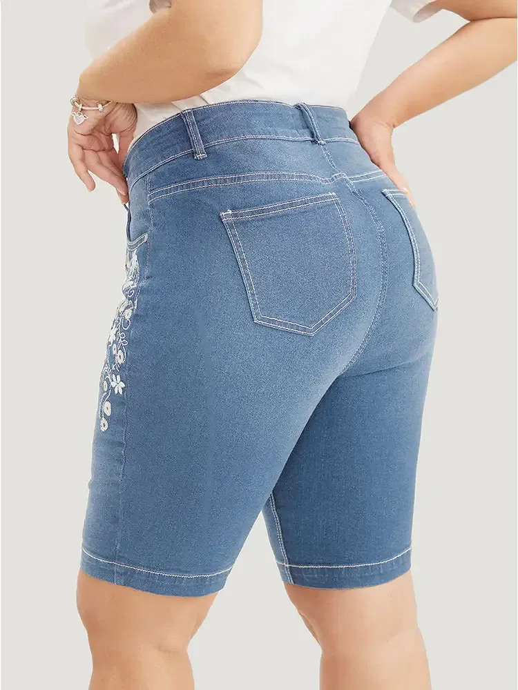 Very Stretchy High Rise Dark Wash Floral Embroidered Denim Shorts