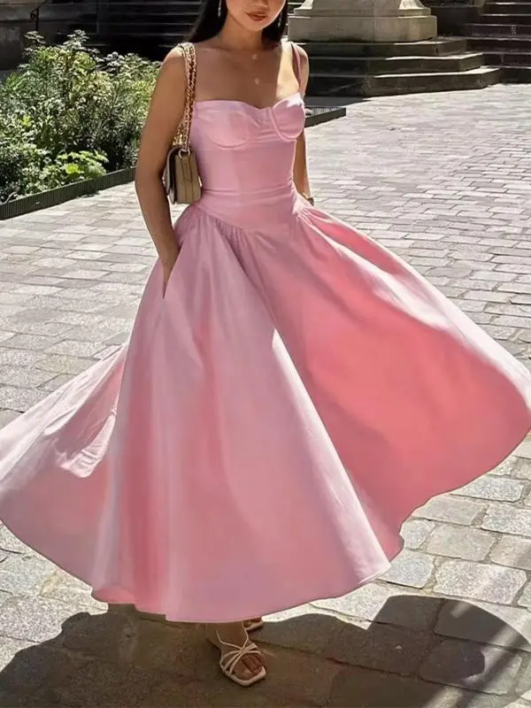 Women's Backless Zipper Cami Midi Dress – Elegant Summer Slip Dress for Party or Holiday