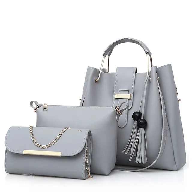Women's Bag Set PU Leather 3 Pcs Purse Set Shopping Zipper Tassel Black White Pink