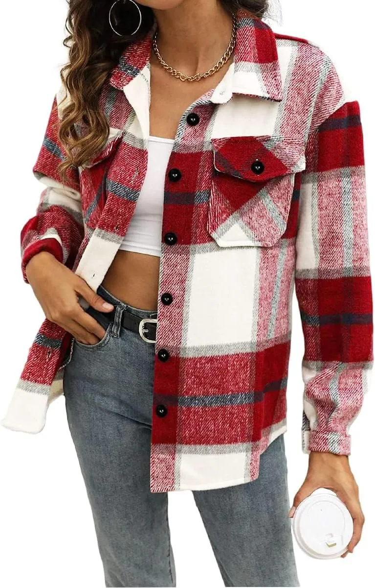 Womens Fall Outfits Fashion Clothes Shackets Flannel Plaid Button Down Long Sleeve Shirts Jackets 2024