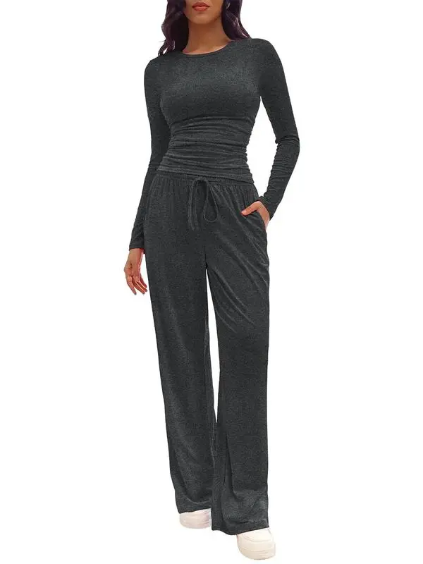 Women's 2-Piece Lounge Set – Solid Ruched Tee & Drawstring Pants, Casual Everyday Sleepwear.