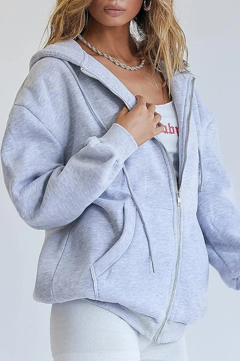 Women's Cute Hoodies Teen Girl Fall Jacket Oversized Sweatshirts Casual Drawstring Zip Up Y2K Hoodie with Pocket