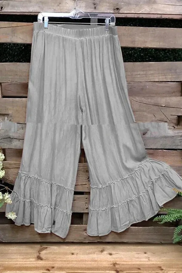 Casual Solid Loose Ruffle Bohemian Pant