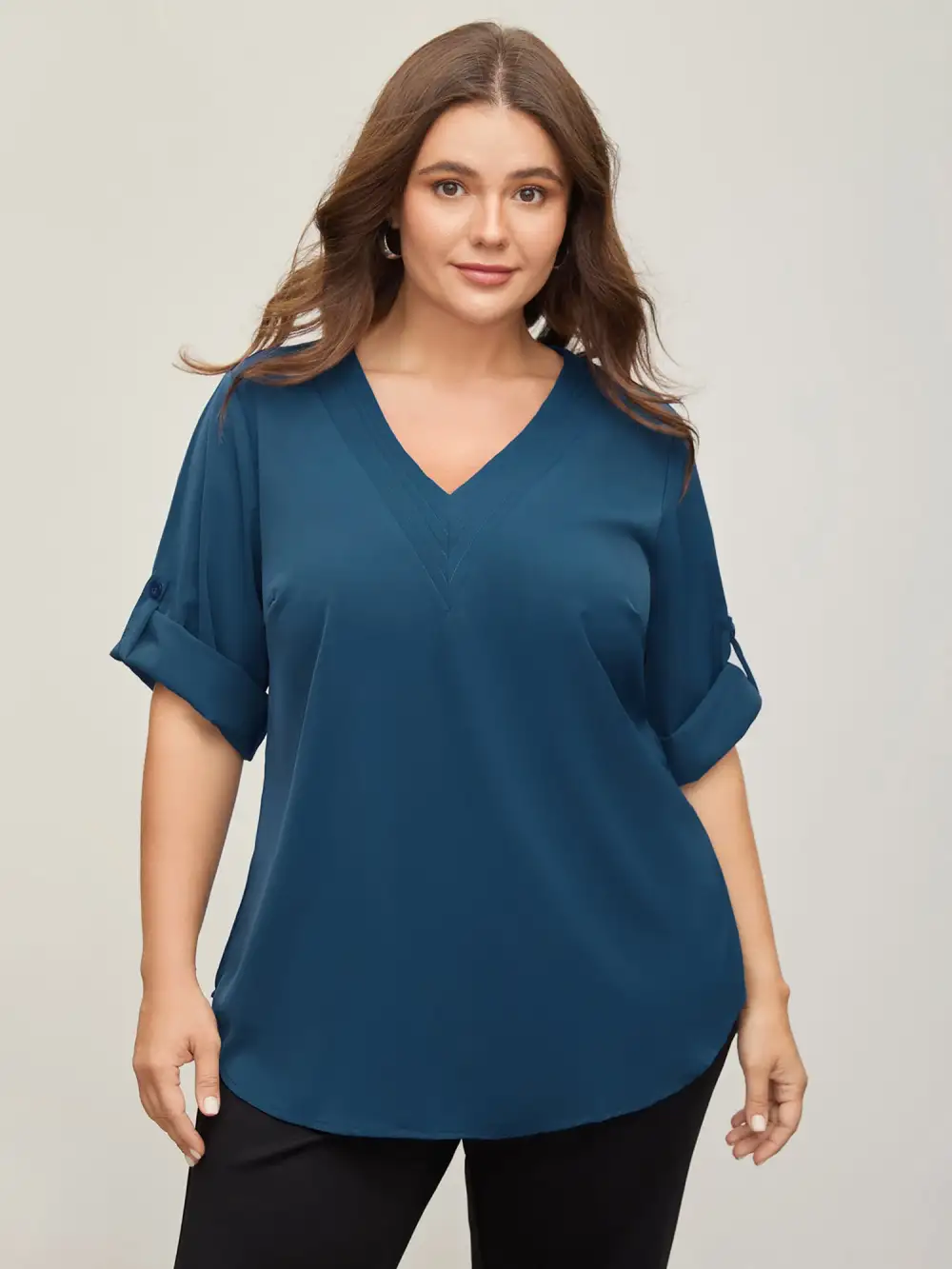 V Neck Plain Pleated Tab Sleeve Blouse