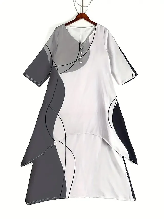 Women's Color Block Long Maxi Dress Button Layered Casual Dress Swing Dress Print Dress Fashion Modern Daily Vacation Weekend 3/4 Length Sleeve Crew Neck Dress Loose Fit Silver Black White
